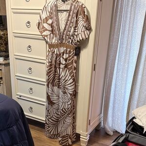 Boston Proper Taupe and Cream Leaf Print Dress